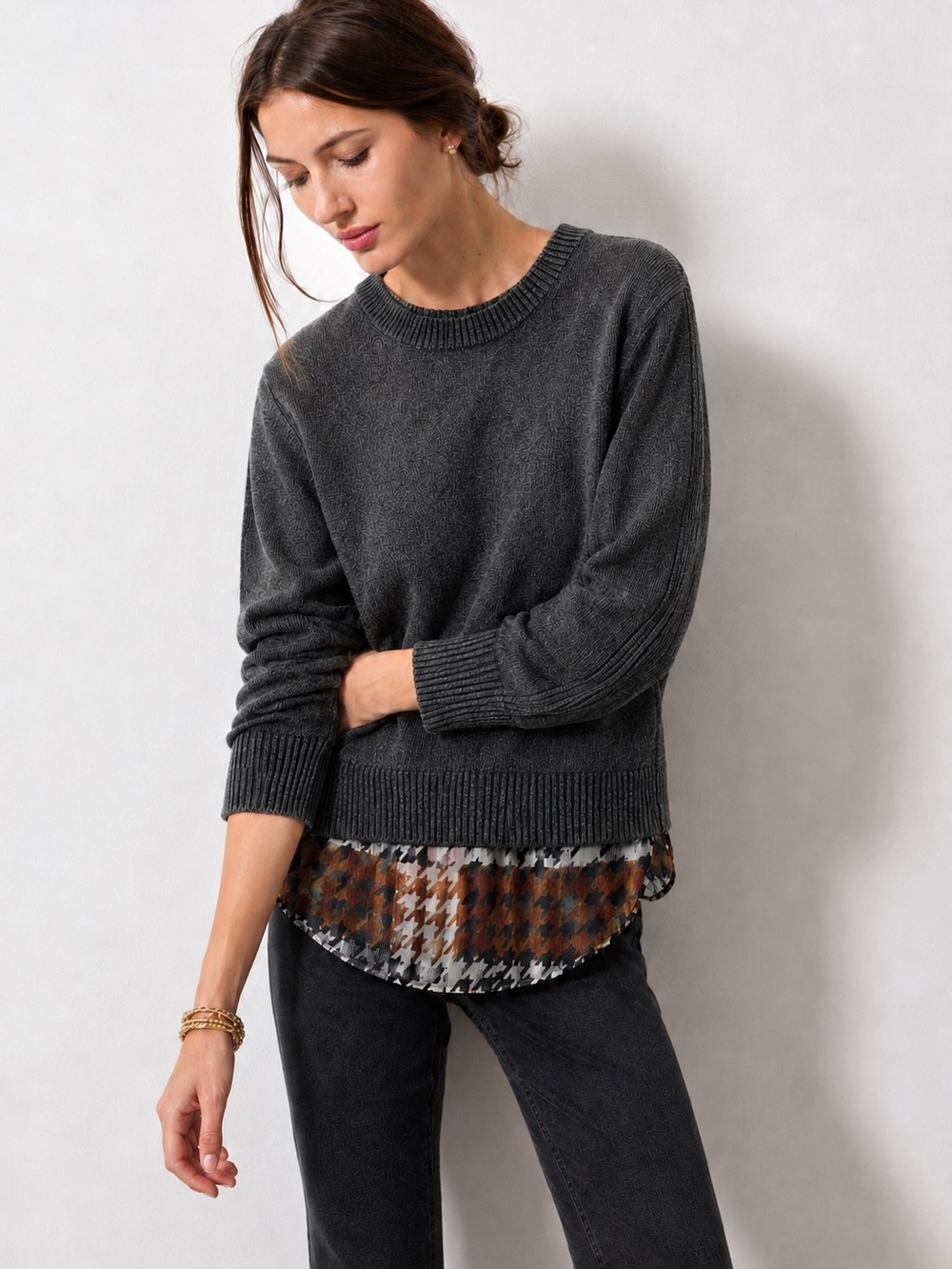 Brochu Walker Corbin Looker Crewneck Layered Sweater Wool Cashmere Medium
